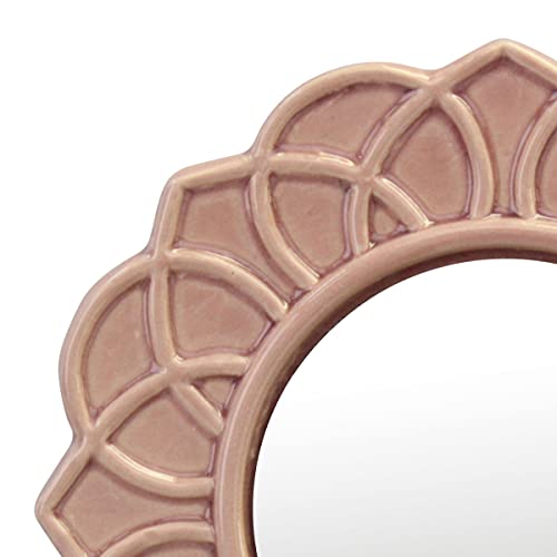 Stonebriar Decorative 9" Pale Pink Round Floral Ceramic Accent Wall Mirror with Attached Hanging Loop - Image 4