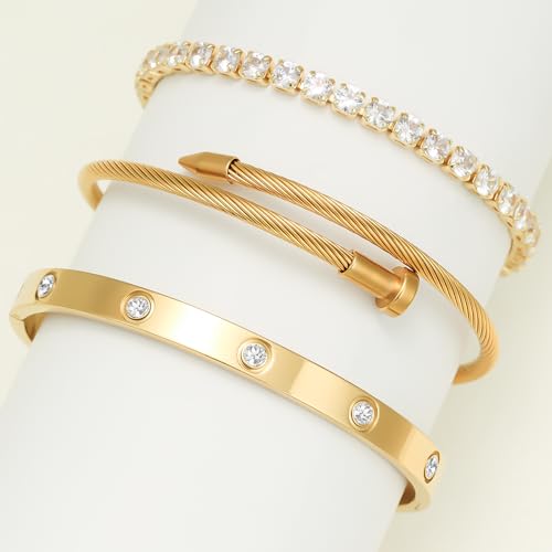 Gold Plated Bracelet Set, 3-Piece Stacking Tennis Bracelets with Cable Bangle and Rhinestone Cuff,Modern Style for Women Gold Jewelry Gift4