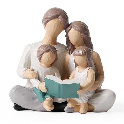 Tuesoa Familia de 4 Figuras de Libros de Lectura, Figuras Pintadas a Mano, Regalos para Padres o Hija e Hijo, DecoracióN del Hogar