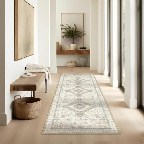 Ashler Runners for Hallways, 2x6 Runner Rugs, Ultra-Thin Boho Rug, Vintage Long Rugs for Entryway, Kitchen, Light Beige/Natural Rug Home Decor, Low-Pile Non-Slip & Machine Washable Rugs CVC1