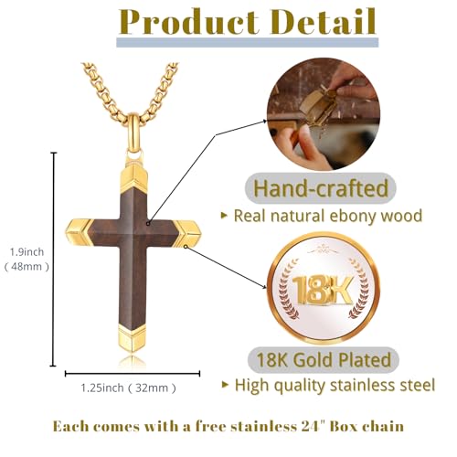 Wooden Cross Necklace for Men, 18K Gold Plated Stainless Steel Mens Cross Necklaces Hand Inlaid Real Ebony, Christian Black Wood Crucifix Pendant 24" Box Chain2