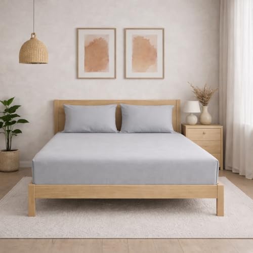 Image of THE HOME STYLE Solid Plain Cotton Feel Fitted Bedsheet (72x78 inches) with Reversible Comforter (90x100 inches) | King Size | 2 Pillow Covers | 300 TC | 4-Piece Bedding Set (Pearl Grey)