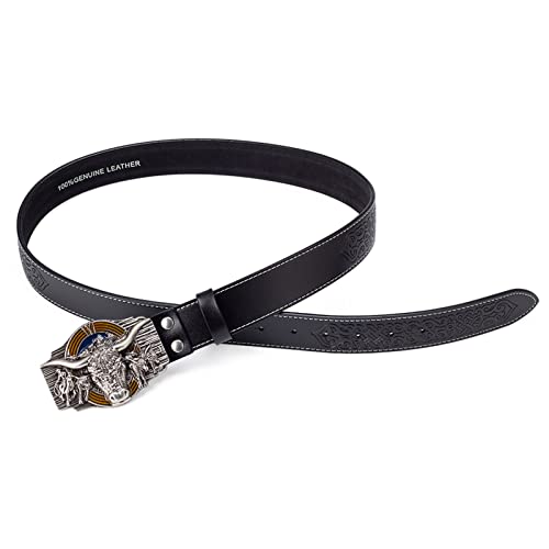 Men's Leisure Belt,Bull Head Embossed Leather Alloy Buckle Head Decoration Belt Fashionable and Versatile,Black,95CM/37.4''2