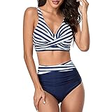 Smismivo Women's Two Piece Tummy Control Swimsuit Ruched High Waisted Bathing Suit with Vintage Bikini Top Swimwear Navy Stripe