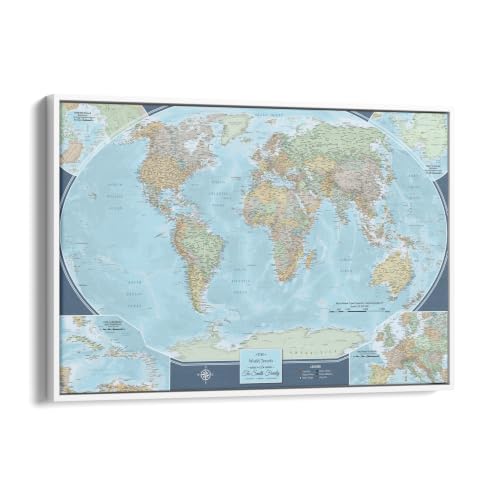 Image of Signature World Travel Tracker with Pins - Personalized Canvas Wall Art - Framed Wall Decor - White Float Frame - 30 inch x 45 inch