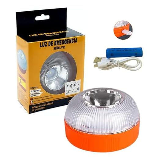 MAGIC SELECT Luz de Emergencia V16 para Señalización en Carretera de Coche y Moto. Luz Amarilla Intermitente y Blanca Fija con Encendido Automático, Base Imantada y Batería Recargable. No GPS.