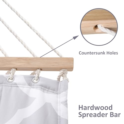 Image of SUNCREAT Double Hammock, Extra Large Quilted Fabric Swing with Hardwood Spreader Bars & Detachable Pillow, Heavy Duty, Perfect for Indoor /Outdoor Patio, Deck, Yard, Gray Cloud