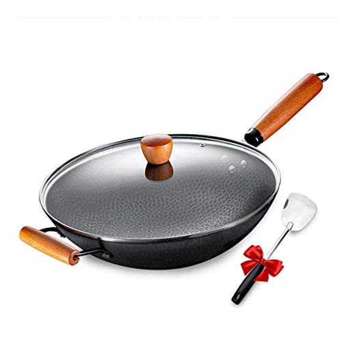 Wok de hierro fundido con mango de madera y fondo plano antiadherente