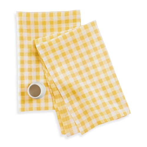 Solino Home Linen Kitchen Towels Set of 2 - Marigold Yellow 17 x 26 Inch - 100% Pure Linen Gingham Check Kitchen/Tea Towels - Machine Washable and Handcrafted from European Flax