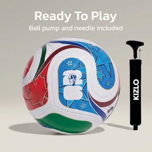 Image of Kizlo Size 5 Football - Hand-Stitched PU Leather Soccer Ball with Pump & Needle | High Grip, Durable & Air Retention | Training & Match Ball for Kids, Youth & Adults | World Cup Design Multicolor