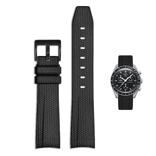 Swatch Omega Moonswatch Speedmaster Watch Replacement Band - Curved No Gap Rubber Strap, Compatible with Omega, Rolex, SEIKO 20mm Watch, Men Women (Black)