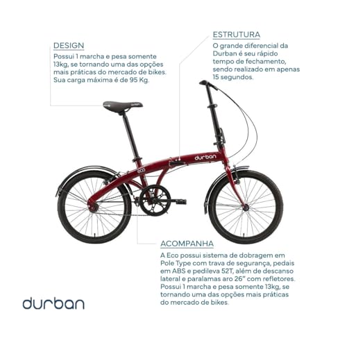 Bicicleta Eco Dobravel, Aro 20, 1 velocidade, Durban, Vermelha