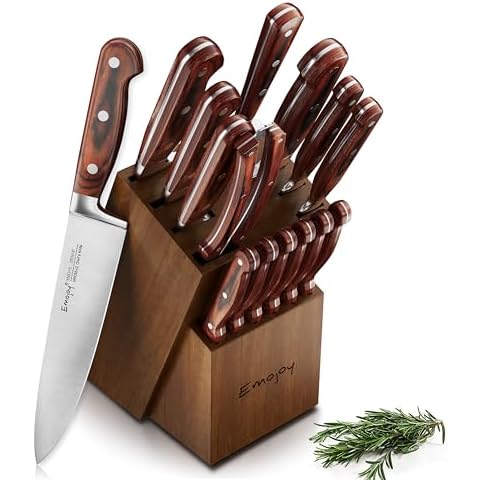 Knife Set, 15-pcs Emojoy Kitchen Knife Set with Block, Premium Kitchen Knives with Heavy Poultry Shears, Sharpener and 6pcs Serrated Steak Knives Cover