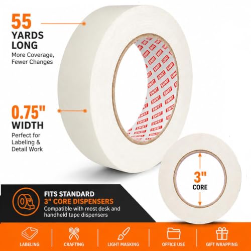 Image of SWRT Masking Tape 0.75 Inch x 55 Yards x 10 Rolls, Bulk White Painting Tape | Clean Removal; Easy Hand Tear; Writable Surface; Painting & Crafts; Labels & Organizing; Light Packaging