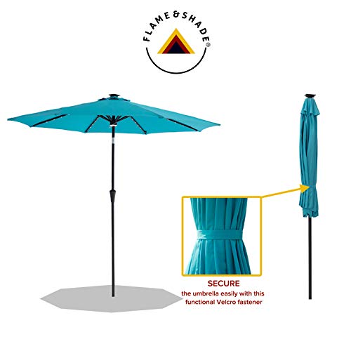 FLAME&SHADE 11 ft Outdoor Patio and Table Umbrella with Solar LED Lights and Tilt - Aqua Blue