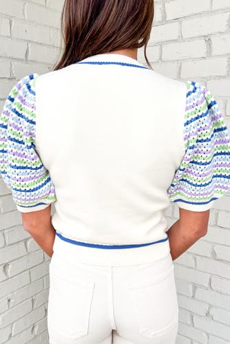 Trendy Short Sleeve Sweater with Bubble Sleeves and Striped Design - White3