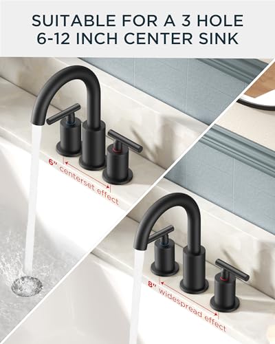 Image of FORIOUS 2 Pack Black Bathroom Faucet 3 Hole, 8 inch Widespread Matte Black Bathroom Sink Faucet with 360Swivel Spout, Suitable for 6-12 Inch Vanity Sink, with Metal Pop-up Drain and Supply Line