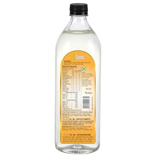 Image of DiSano Cold Press Virgin Coconut Oil Bottle, 1 L (Pack of 3)