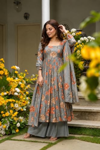 Image of ANNI Designer Kurta Set for Women Viscose Blend Printed | Kurti Set for Woman | Umbrella Kurta Palazzo Dupatta 3 Piece Outfit | Square Neck 3 /4 Sleeve Regular Fit Ethnic Dress Stylish Clothing