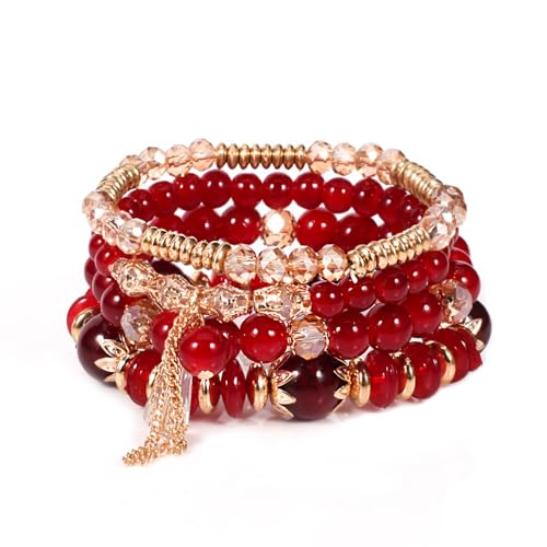 APMGONT Multicouche Cristaux Bracelets, Bracelet Boheme en Perles pour Femme, Bracelets Perles Empilables, Coloré Bracelet Fantaisie élastiques main Accessoires pour Femmes et Filles (Rouge)