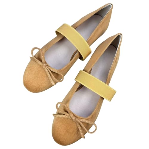 TN TANGNEST Round Toe Mary Jane Flats for Women One Step Elastic Strap Faux Suede Dressy Ballerina Flat Shoes