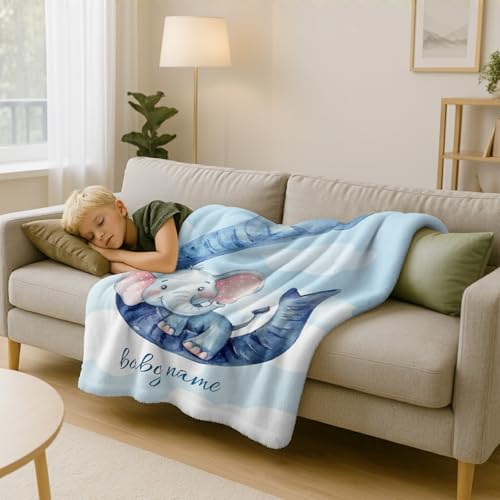 Image of Personalized Baby Blanket with Name, Custom Name Blanket for Kids Soft Flanne Blankets in Easter Personalized Baby Gifts for Infant Newborn Shower (Elephant)