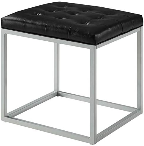 Posh Living Nolan Tufted Faux Leather Cube Ottoman with Metal Frame in Black