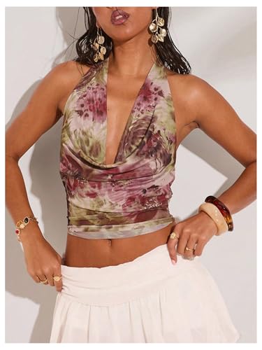 MakeMeChic Women's Sexy Floral Halter Tops Cowl Neck Open Back Going Out Tops3