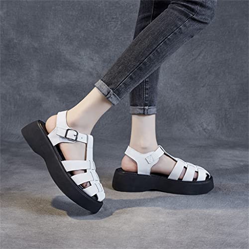 Leather Sandals Women's Mary Jane Thick-Soled Woven Toe Cap Hollow Roman Cage Shoes3