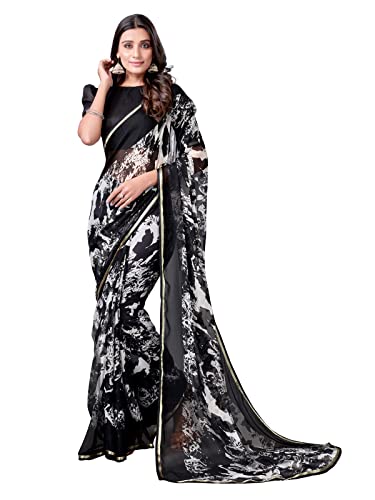 Image of SIRIL Women's Lace & Printed Chiffon Saree with Unstitched Blouse Piece