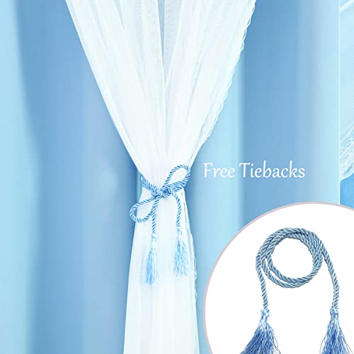 Image of Blackout and Sheer Curtains Set- Mix & Match Window Treatments Light Blocking Drapes 2 Layers Decor with Tie-Backs for Kids /Girl's Bedroom, Living Room, 52 by 96 in, Light Blue, 2 PCS