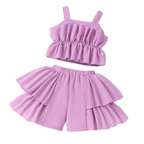 Image of Cute Toddler Girls Two Piece Short Sets Ruffle Sleeveless Top and Elastic Waistband Short Sets
