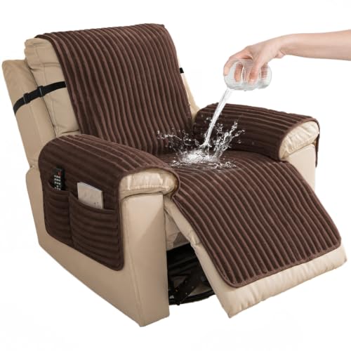LiveGo Faux Fur Recliner Chair Covers Non-Slip Waterproof Recliner Covers that Stay in Place Warm Thick Lazy Boy Recliner Cover for Dogs Furniture Protector Pet Friendly (Brown-A01, 28")