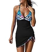 EVALESS One Piece Tankini Bathing Suits for Women Tummy Control Swimsuits Sexy Deep V Neck Print ...