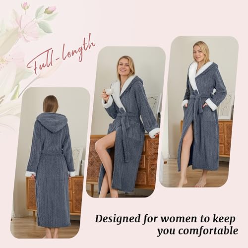 LYCY Plush Full-Length Hooded Robe for Women, Warm Winter Fleece Bathrobe with Pockets4