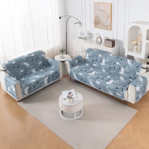 Image of HOKIPO Reversible Quilted Sofa Cover 3 Seater and 2 Seater Set, 5 Seater(3+2) Sofa Cover, Easy Drape Series, Blue Blossom (IN-1101 + IN-1100-ED1)