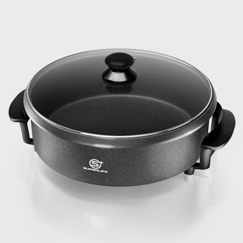 SUPERLEX Electric Frying Pan with Tempered Glass Lid, Non-Stick Coating, Electric Skillet Detachable Thermostat Temperature Control, Steel Base (42CM)