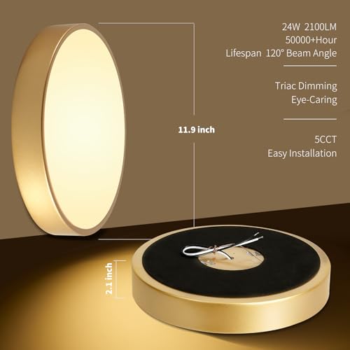 Image of Flush Mount Ceiling Light Fixtures Gold LED Dimmable 5CCT 12In 24W 2Pack