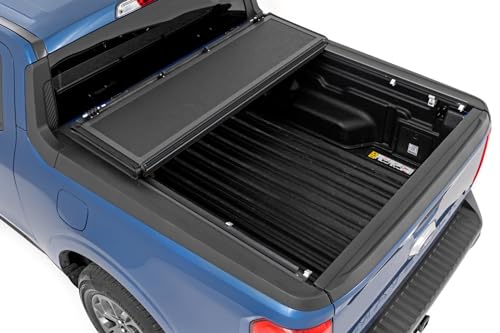 Image of Rough Country Hard Tri-Fold Tonneau Cover for Ford Maverick (2022-2026) - Low-Profile Aluminum Truck Bed Cover, Fits 4'6 Bed