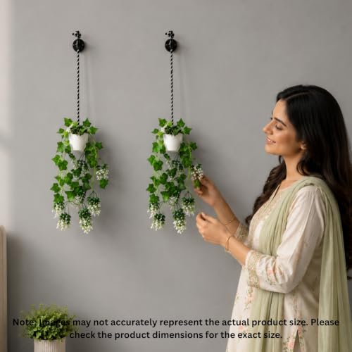 Image of fancymart Artificial Hanging Ivy Plant with White Hanging Pot & Rope, 60 cm Height, Pack of 2, Realistic Green Leaf Creeper for Home, Office, Living Room & Wall Decor