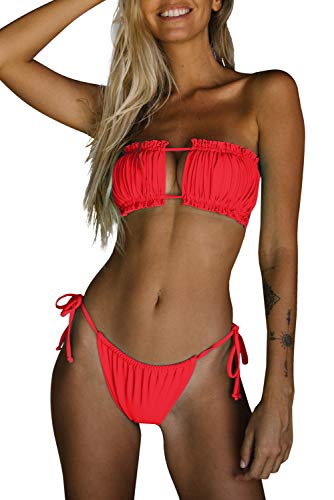 Byoauo Women Bandeau Bikini Top With Tie Side Thong Bottom Bathing Suit Red #TOP6