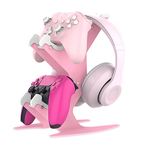 Controller Holder Pink, Headset Stand, Headphone Holder Hanger Mount Universal Gaming PC Accessories Organiser for Xbox, DualSense PS5, DualShock 4, PS4, Xbox 360, Switch