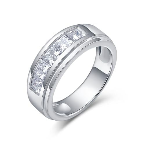 2 Carats Princess Cut Moissanite Rings for Men Women Moissanite Eternity Wedding Band Ring D Color VVS1 Lab Diamond Channel Set, Sterling Silver with 18K White Gold Plated Men Diamond Ring