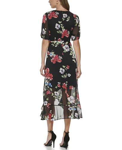 Image of DKNY Women's Ruffle Hem V-Neck Puff Sleeve Dress