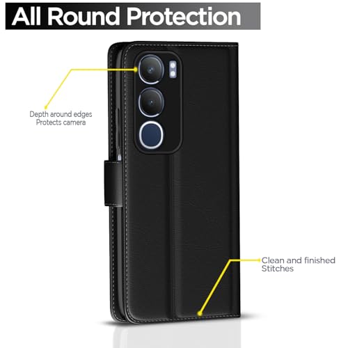Image of Pikkme Flip Cover Leather Finish | Inside TPU with Card Pockets | Wallet Stand and Shock Proof | Complete Protection Button Flip Case for Vivo Y19s(Black)