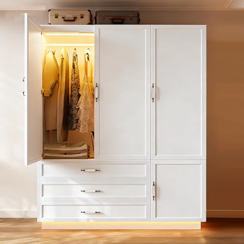 AXCIGOC 72' Armoire Wardrobe Closet with 3 Drawers Wooden Bedroom Armoire with LED Light 3 Door Capacity Storage Modern Wardrobe Cabinet with Retro Ceramic Door Handles Large and Removable Hanging Rod