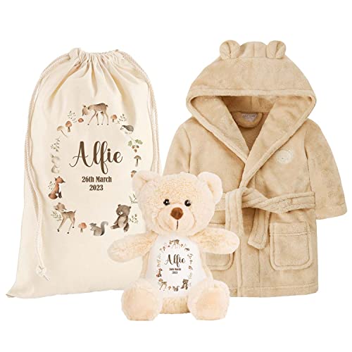 Hoolaroo Personalised Teddy Bear Baby Dressing Gown Gift Set for Newborns, Boys and Girls 1st Birthday Shower Christening Includes Personalised Teddy Bear Robe and Customised Gift Bag (0-6 Months)
