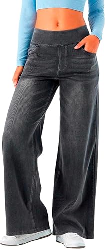 HJRYJS Women Sweatpant Jeans Sweatpants That Look Like Jeans High Waisted Stretchy Pull On Wide Leg Denim Pants with Pocket (Medium Gray,Large)