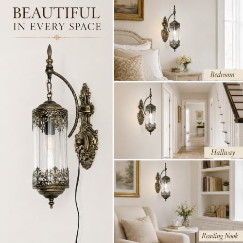 Image of Rustic Gothic Plug in Wall Sconce with Glass