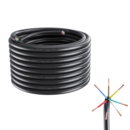 7 Way Trailer Wire Harness Kit 50 Feet – Heavy Duty 14 Gauge 7 Pin Conductor with Color-Coded Stranded CCA Conductors Weatherproof PVC Jacket for RV, Camper, Truck, Boat, Utility Trailer Stranded